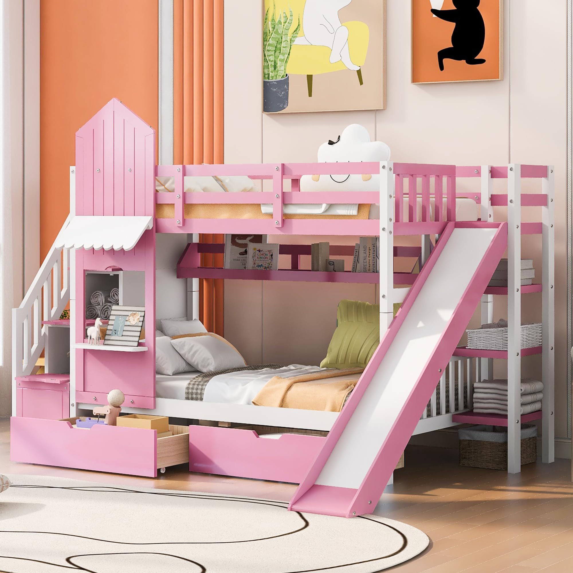Twin-Over-Twin Castle Style Bunk Bed with 2 Drawers and 3 Shelves, Wood Bunk Bed Frame with Slide and Storage Staircase for Kids Teens Boys Girls, Maximize Space Savings