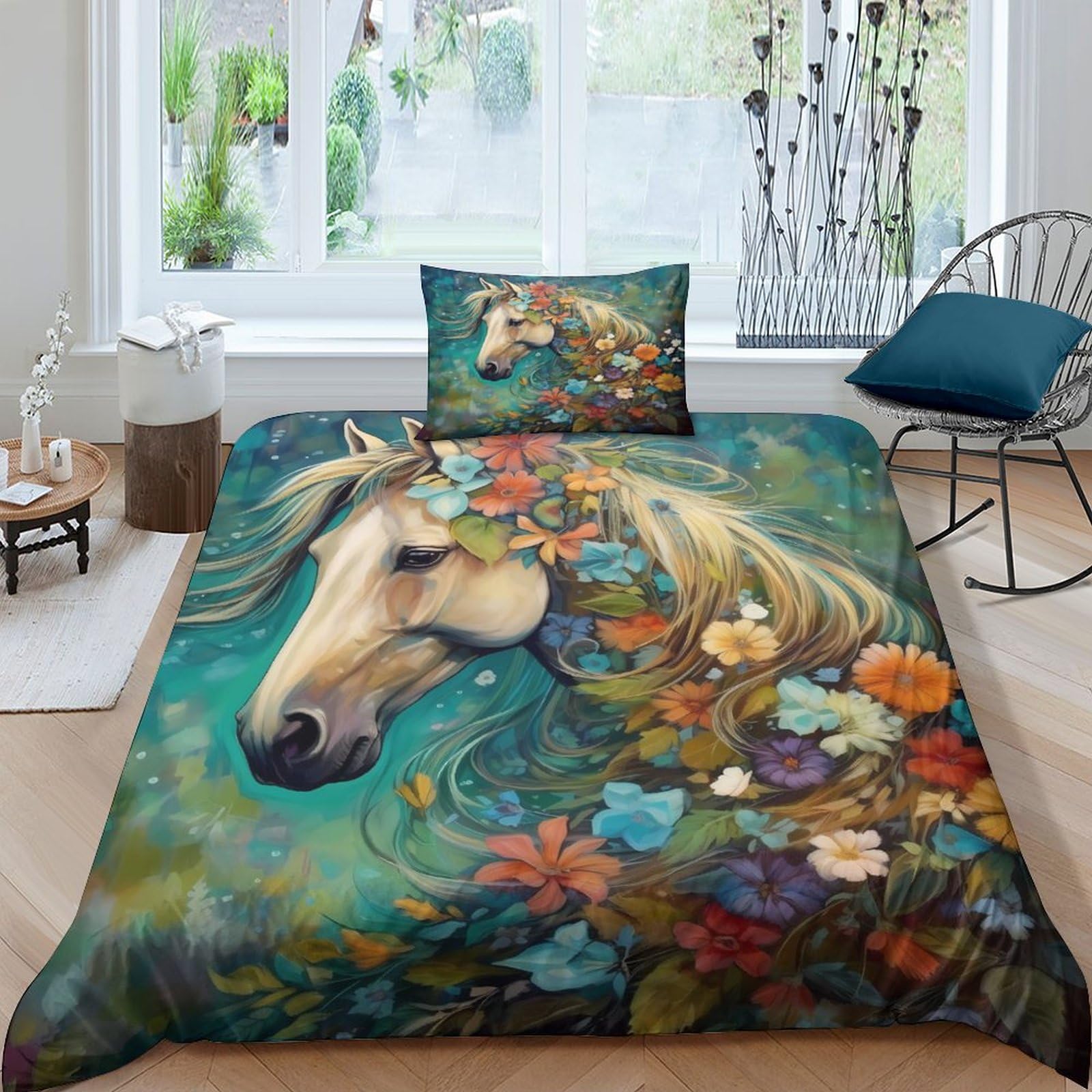 Housse de couette fleurs et chevaux 3D en microfibre 135x200cm pour un lit simple de style animal