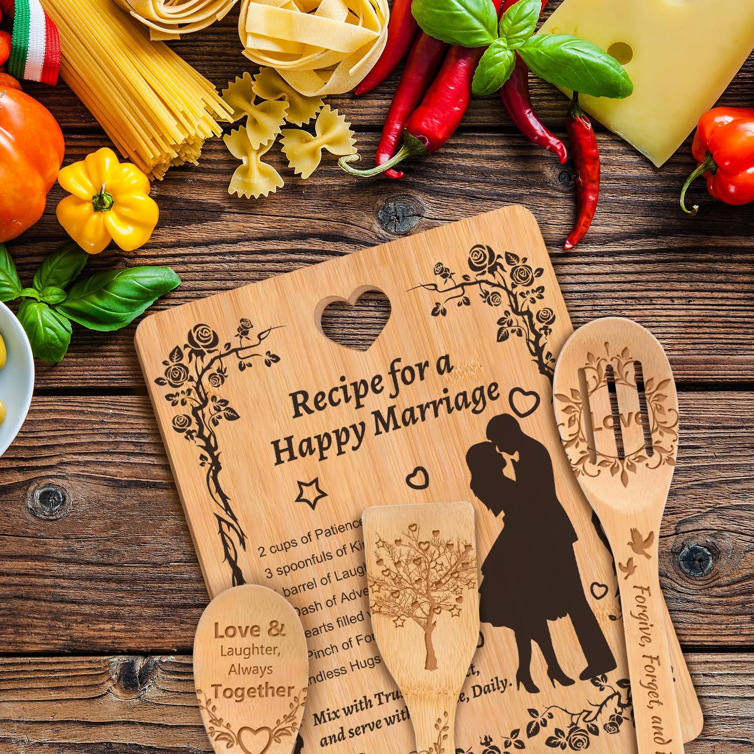 Bridal Shower Gifts - Wedding Gift for Couples 2025 with "Recipe for a Happy Marriage" Design, Bamboo Cutting Board with Engraved Utensils for Bride and Groom Engagement