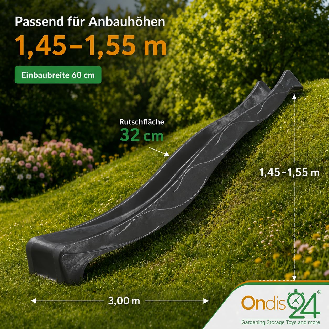 Ondis24 Wellenrutsche 3m Kinderrutsche Anbaurutsche Wasserrutsche für Spielturm ab 3 Jahren Anthrazit