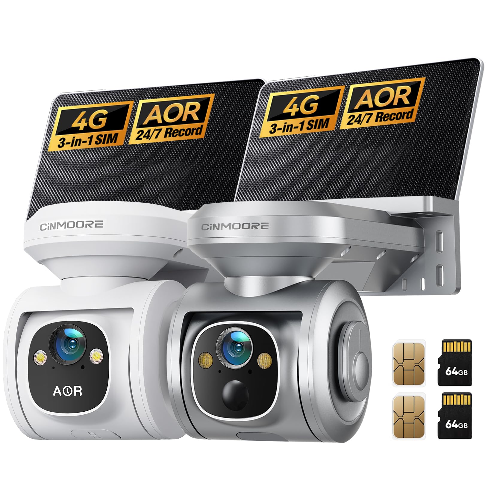 2-Pack 4G LTE Cellular Security Camera Solar-Powered Wireless Outdoor, 24/7 Recording No WiFi Needed, 2.5K 4MP Color Night Vision, 360° Pan & Tilt Live View, Includes SIM Card & 64GB eMMC