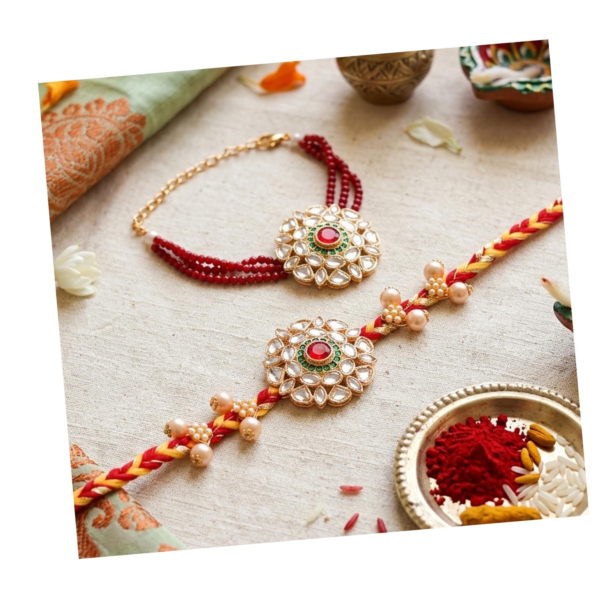 Premium Bhaiya Bhabhi Rakhi Set | Designer Couple Rakhi Set For Brother and Bhabhi with Gift Box Handmade with Roli Chawal Rajwadi Elegant Lumba Set Combo-image-31