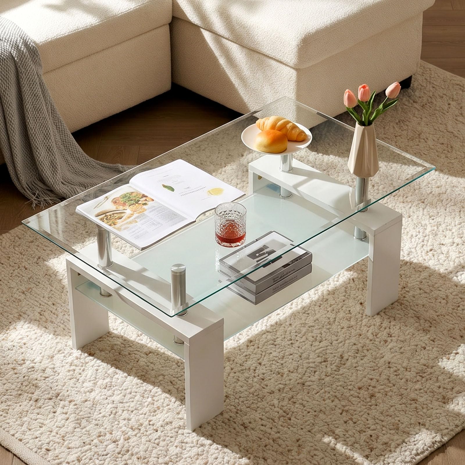 LEMROE Modern Rectangle Coffee Table with Metal Frame Tempered Glass Side Table with Storage Shelves Living Room Furniture (White)