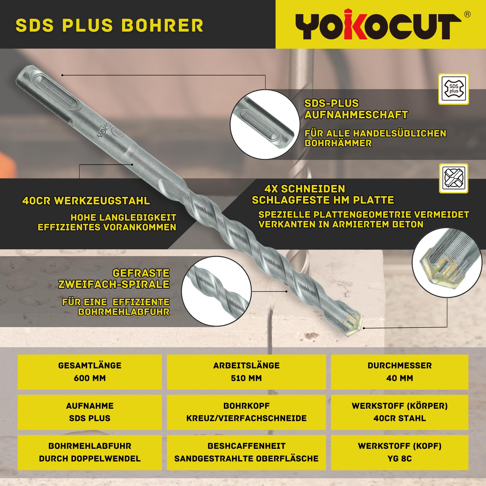 SDS Plus Bohrer 40x600 mm, Hammerbohrer 4X Schneiden, Steinbohrer Stahlbeton Mauerwerk Ziegel Kalksandstein, Betonbohrer, Ideal zum Bohren in Stein, Beton, Naturstein, Ziegelmauer