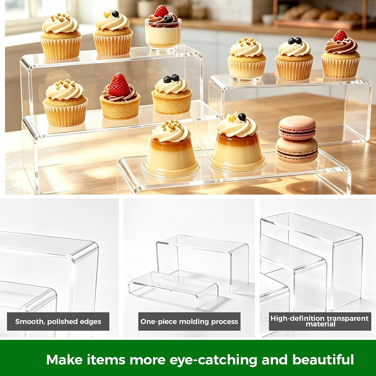 4-Pack Clear Acrylic Risers for Display – Tiered Rectangular Display Riser Shelves for Perfume, Figures & Jewelry, 4 Graduated Sizes up to 9.05"x2.95"x5.11", 5mm Thick Shelf Riser