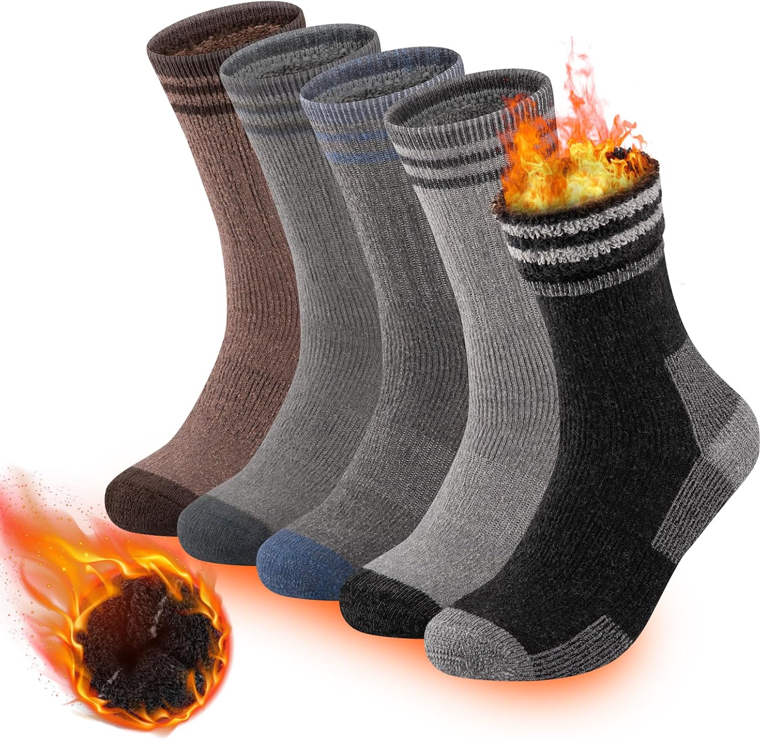 COOVAN Mens Merino Wool Crew Socks - Thermal Warm Winter Boot Socks for Cold Weather Work & Hiking - 5Pairs