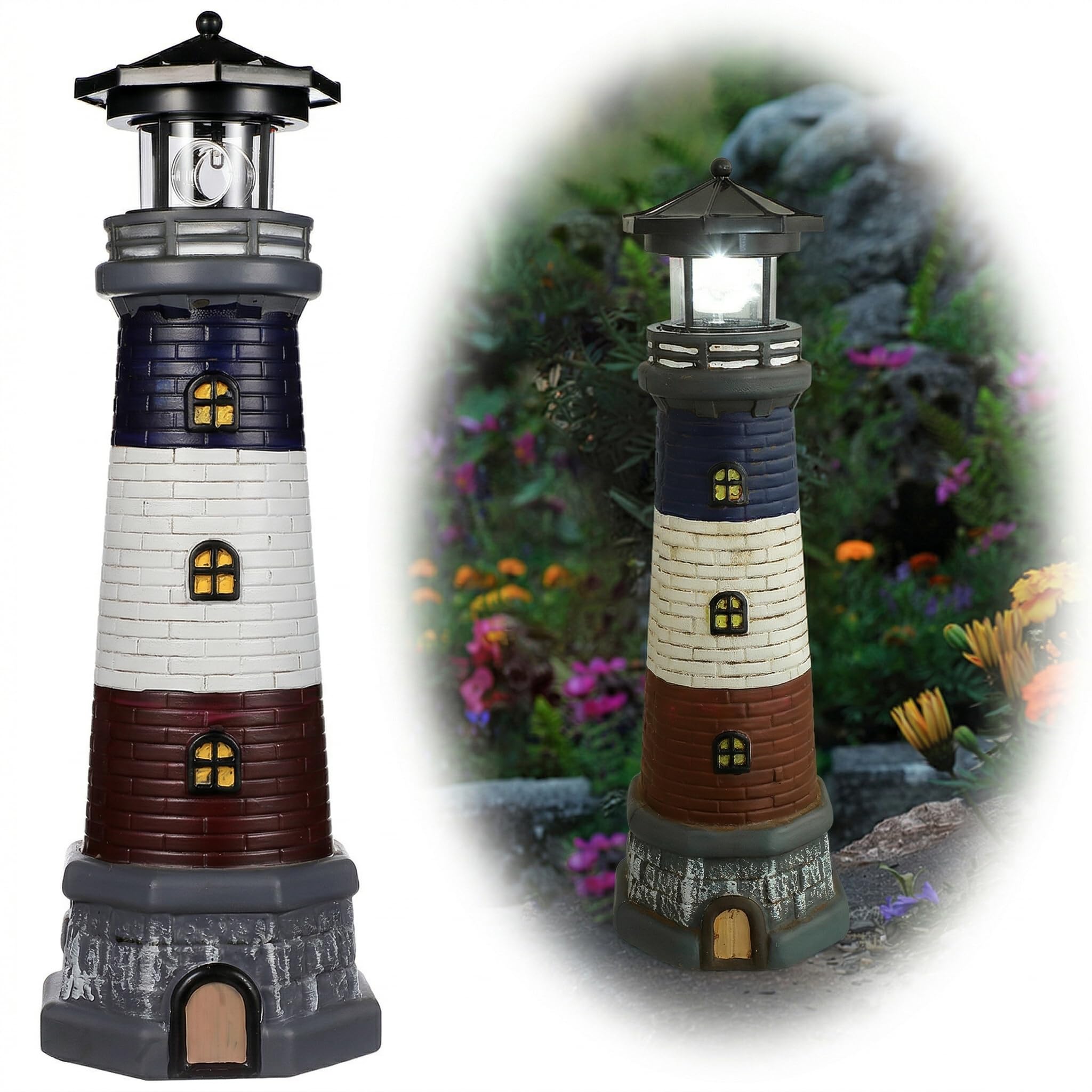 DOITOOL Solar Rotating Lighthouse Outdoor, Lantern Garden Decor, Waterproof Resin Street Light for Yard Pathway Lighting and Nautical Garden Ornament - Black