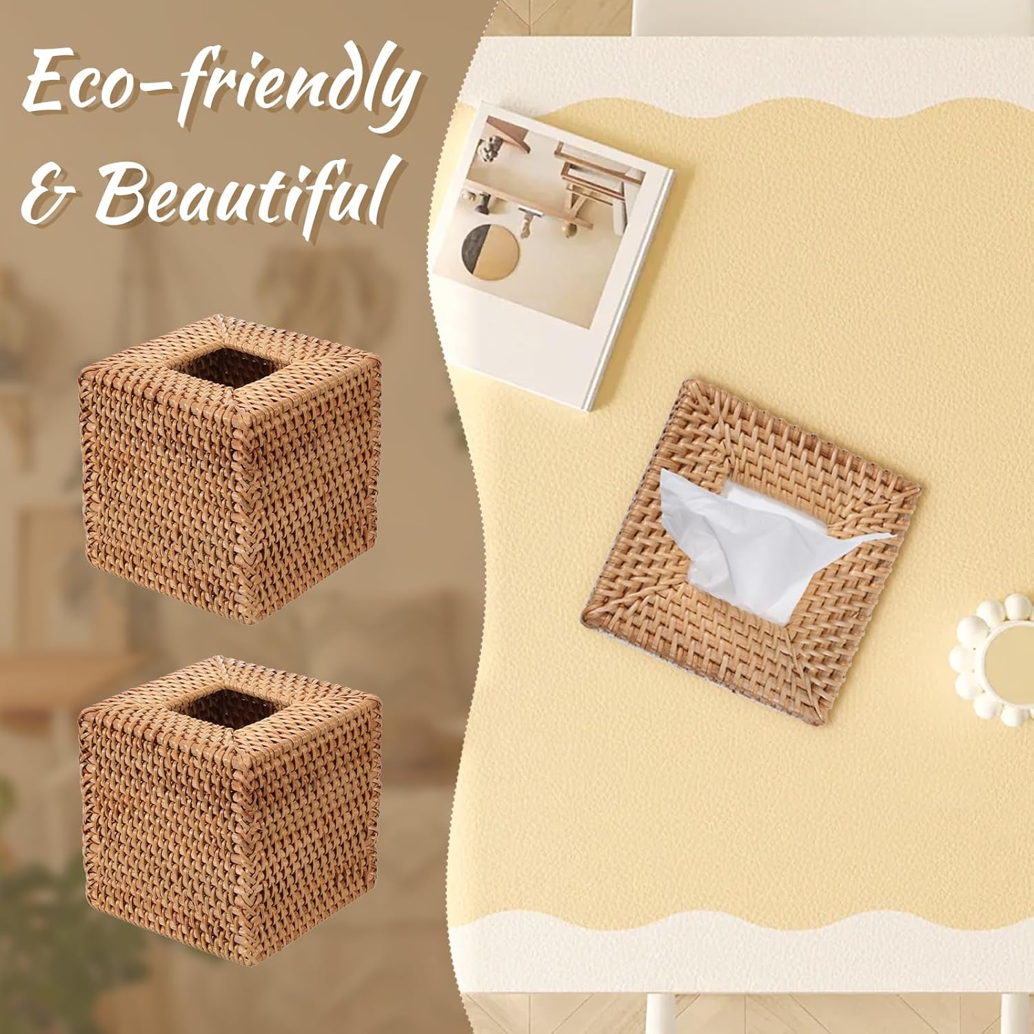 SHENLIU 2 Pcs Rattan Tissue Box Cover Natural Woven Facial Napkin Holder Square 5.7 x 5.7 x 5.7Inch Handmade Wicker Napkin Box Holder, Rustic Decorative on Table and Bathroom, Office, Boho Decorative