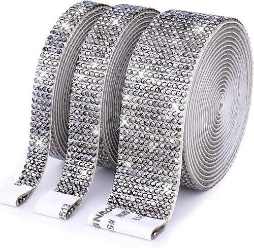 3 rollos 6.6 yardas, cinta autoadhesiva de diamantes de imitación de diamantes de imitación, calcomanía de lentejuelas con diamantes de imitación