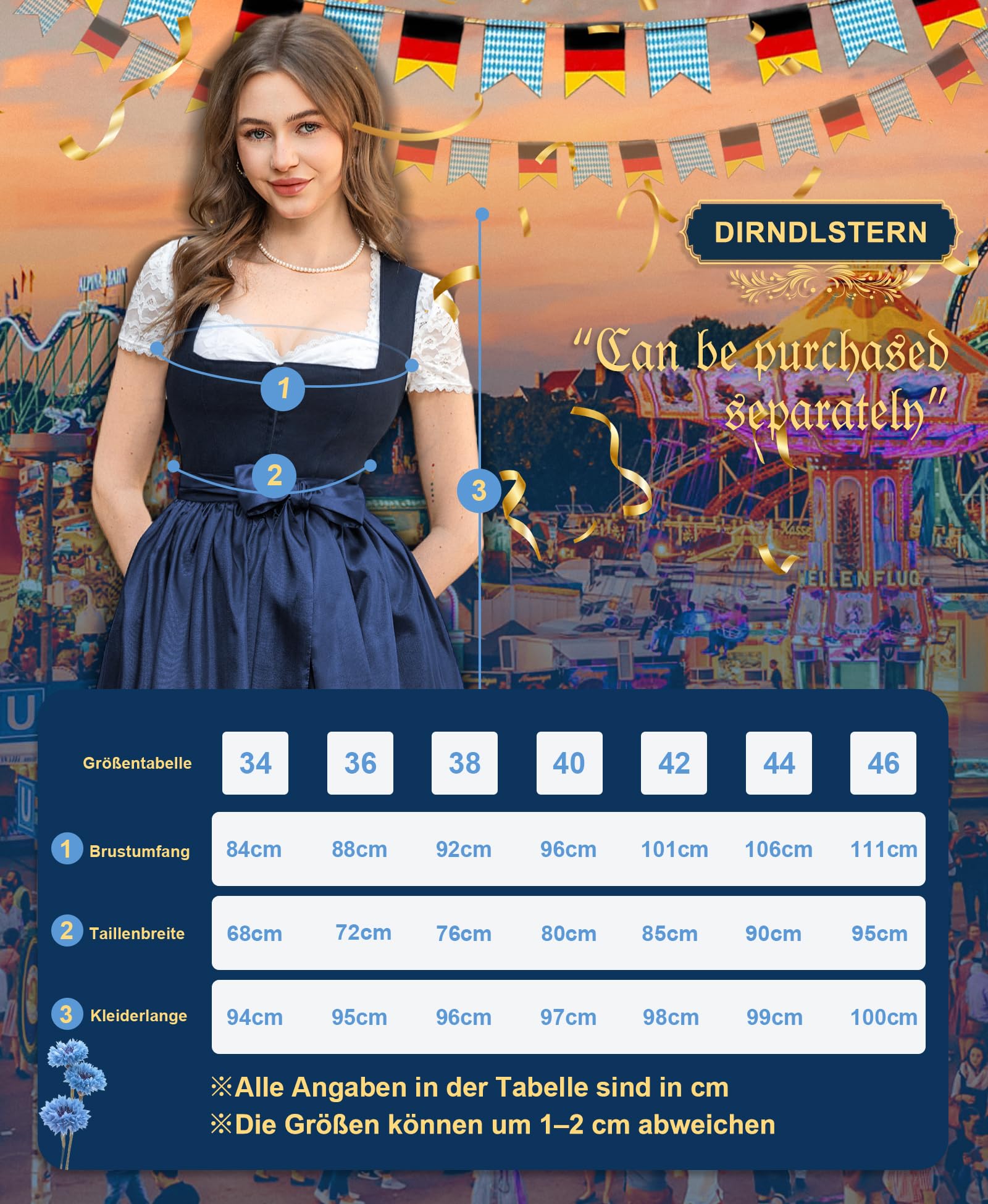 DIRNDLSTERN Damen Blau Ohne - Schnürung Midi Damen Outfit Oktoberfest 2025