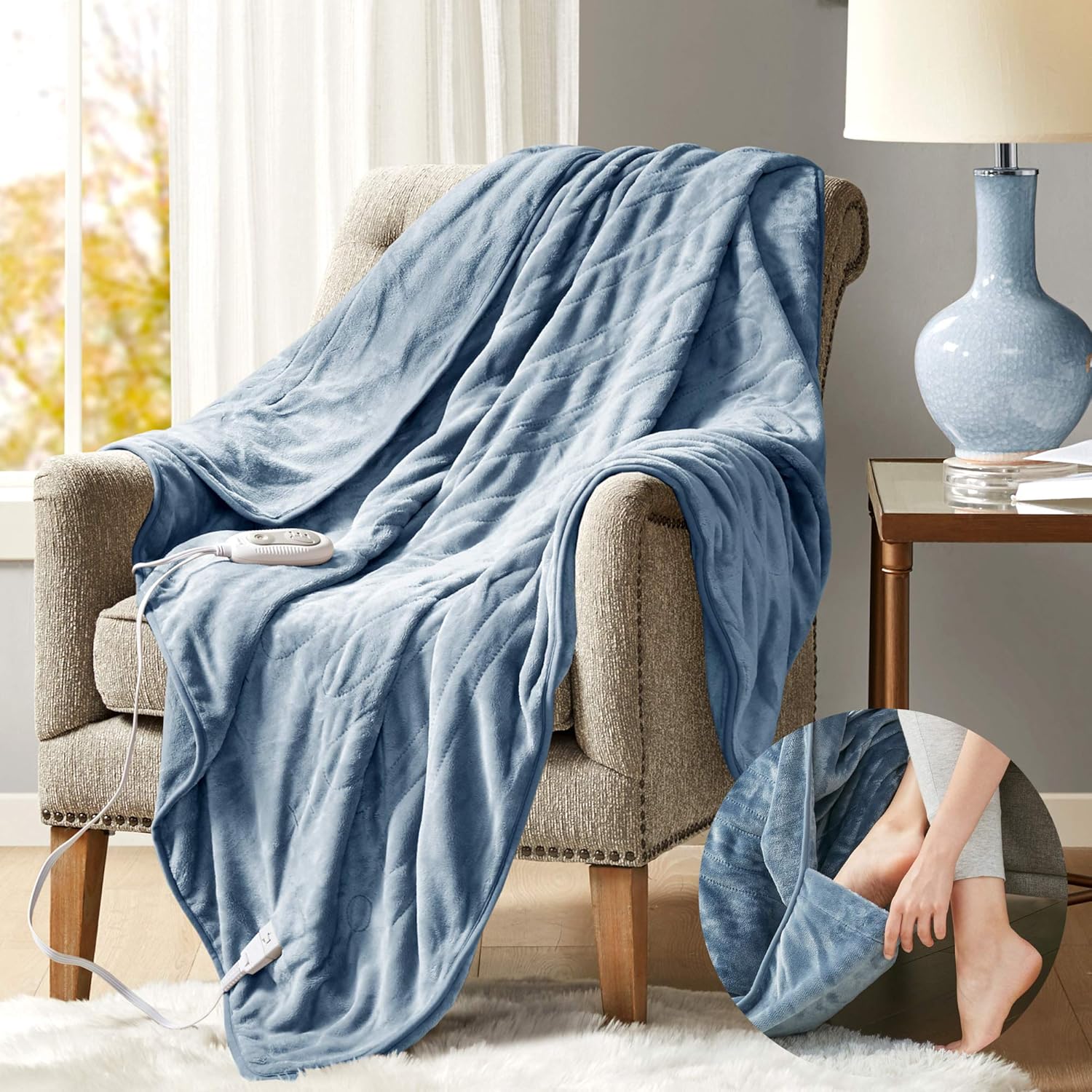 Microplush Electric Blanket with Foot Pocket Grey 50x62 | Heated Lap Throw for Home or Office - Keeps Toes Toasty | 3 Heat Settings with Auto Shut Off | 6Ft Power Cord | Washable : Home & Kitchen