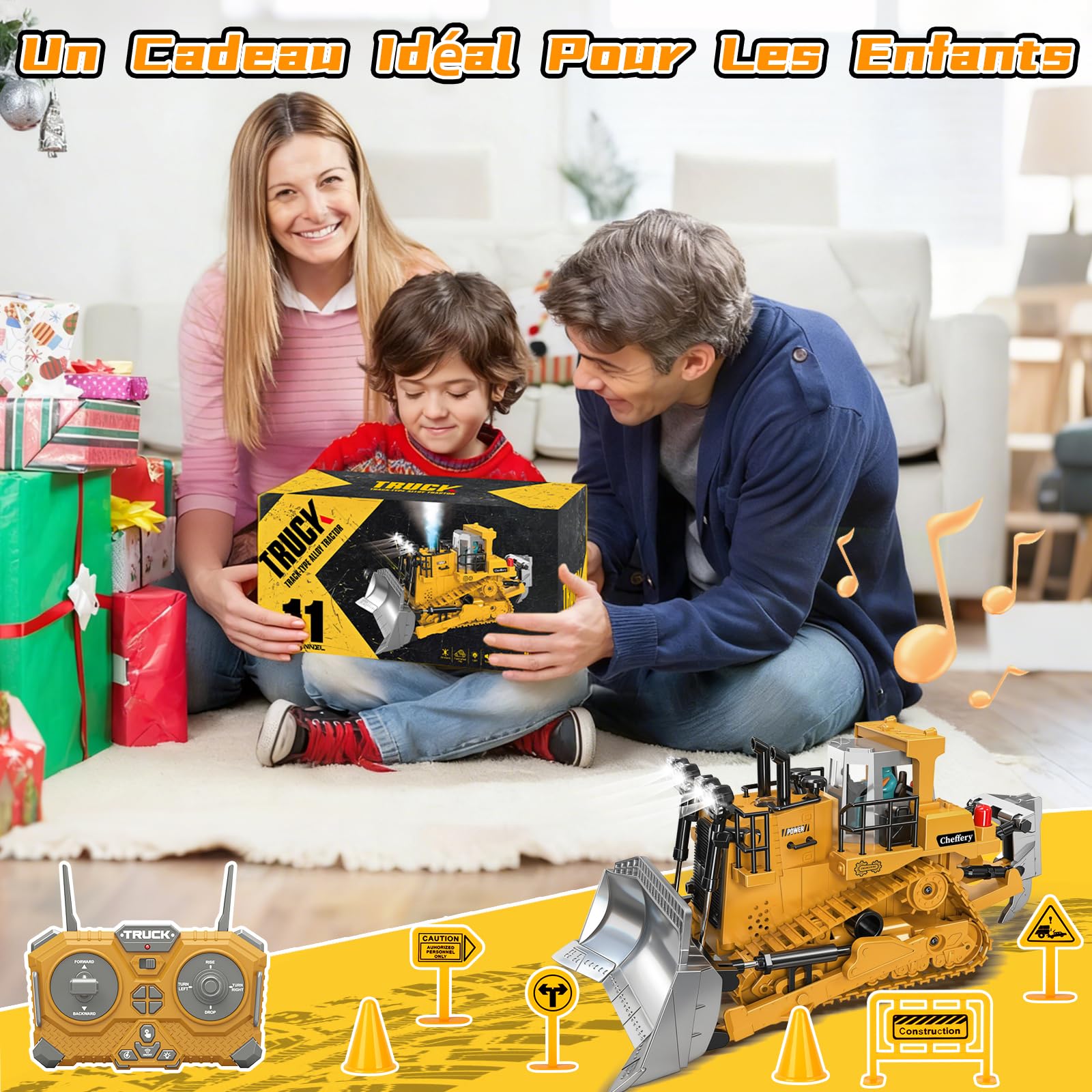 Bulldozer Télécommandé, 1:20 RC Bulldozer à 11 canaux, Jouet de Construction RC avec Lumières et Sonores, 2.4GHz Cadeau de Jouet Bulldozers pour Les Enfants Garçons Filles âgés de 4 à 12 Ans