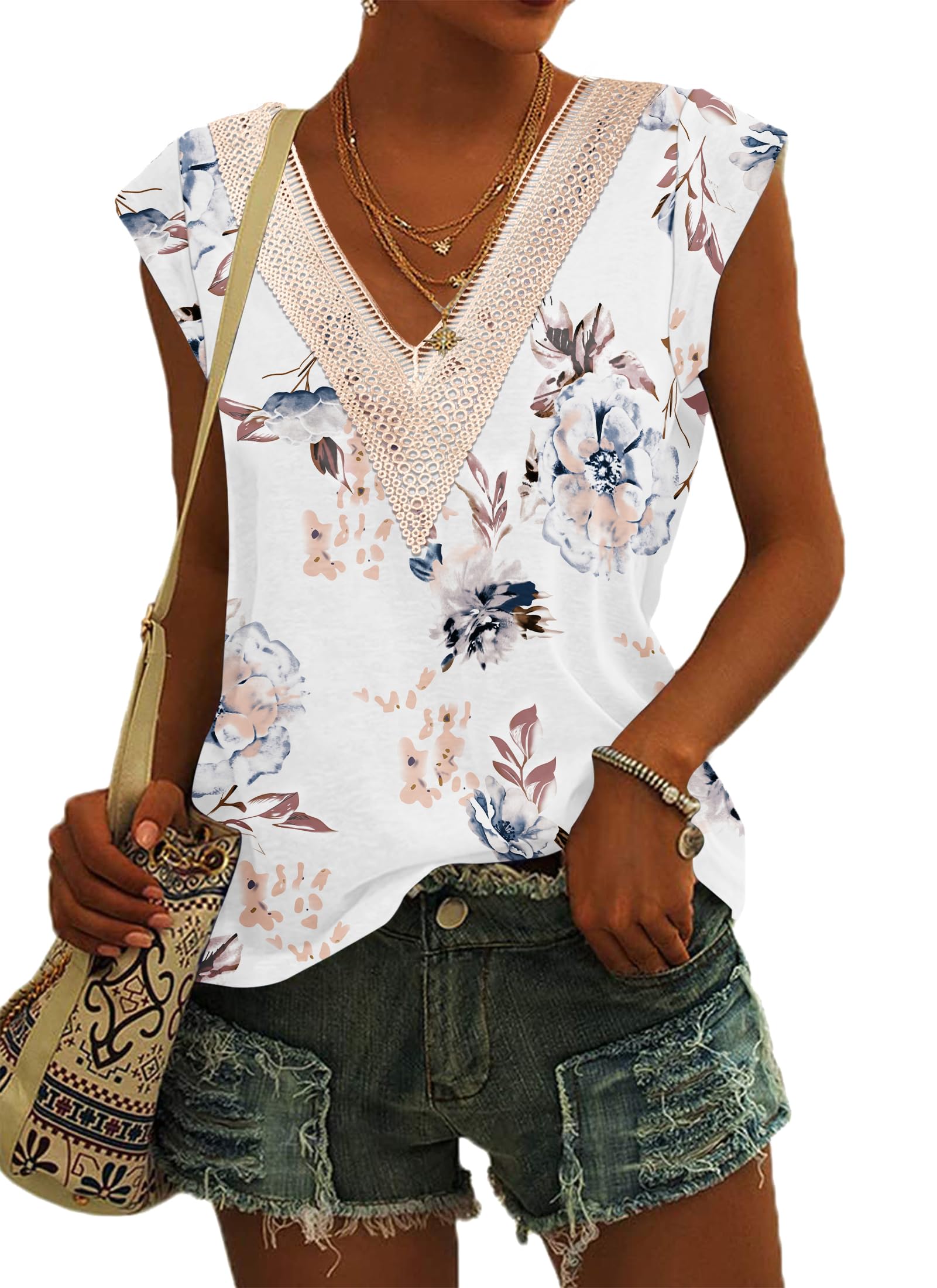 PLOKNRD Camiseta de Encaje Femenino con Cuello V Elegante Blusa de Manga Corta en Verano Camiseta Relajada Blusa de Playa