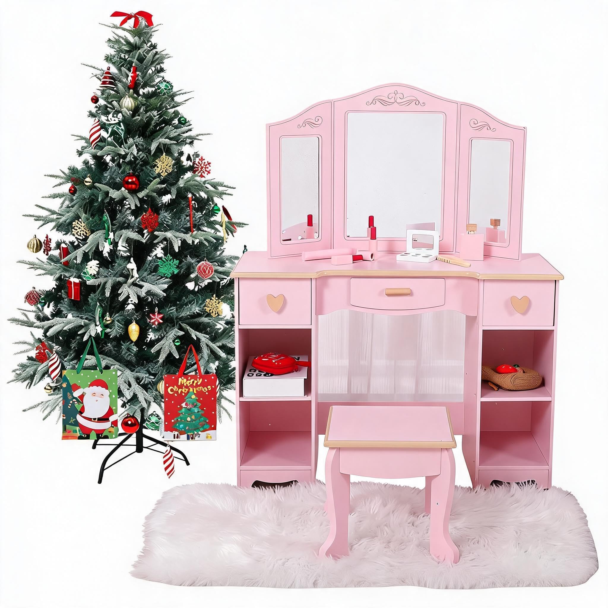 Acekool Mueble Tocador Decorativo Infantil De Madera para Niñas, Conjunto con Silla, Espejo Triple, Cajones y Estante Abierto, Dormitorios Infantiles y Cuartos De Juegos 4 a 9 Años
