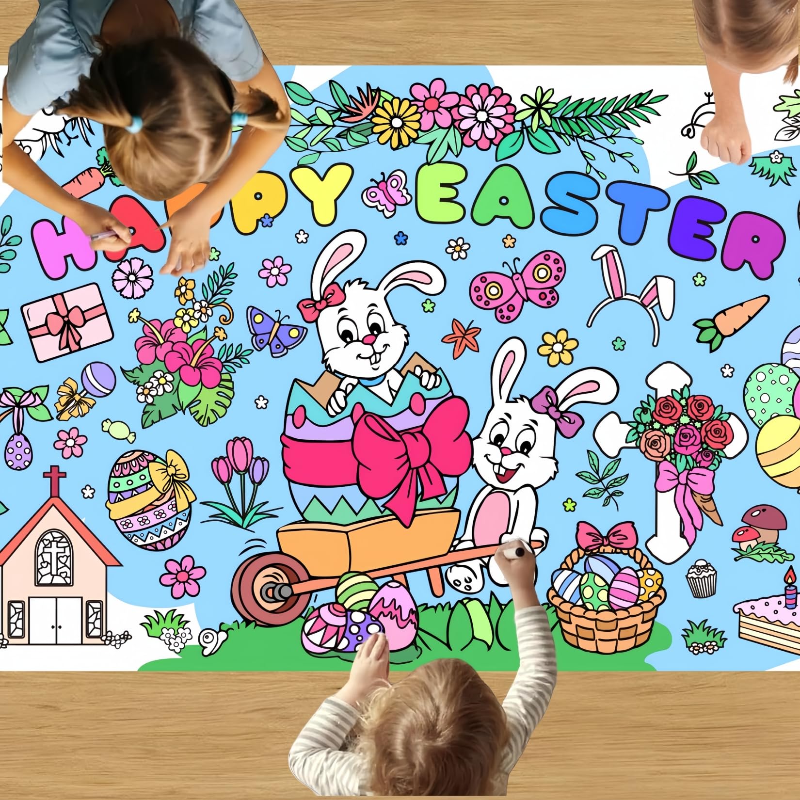 WOFEU Easter Coloring Tablecloth, Large 31x72 Inch Poster with Bunnies, Eggs, Flowers, Perfect for Easter Party Games, Classroom Decorations, Spring Activities, and Holiday Supplies