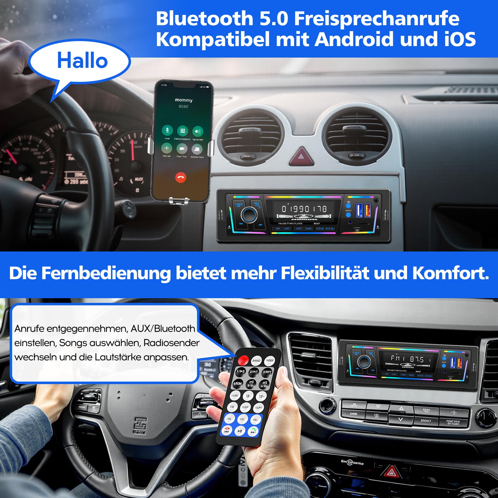 RDS Autoradio Bluetooth, CENXINY Autoradio mit Type-C-Ladeanschluss, Mehreren Beleuchtungsmodi,FM/AM Fernbedienung/2USB/AUX/SD/MP3-Player/DSP/EQ