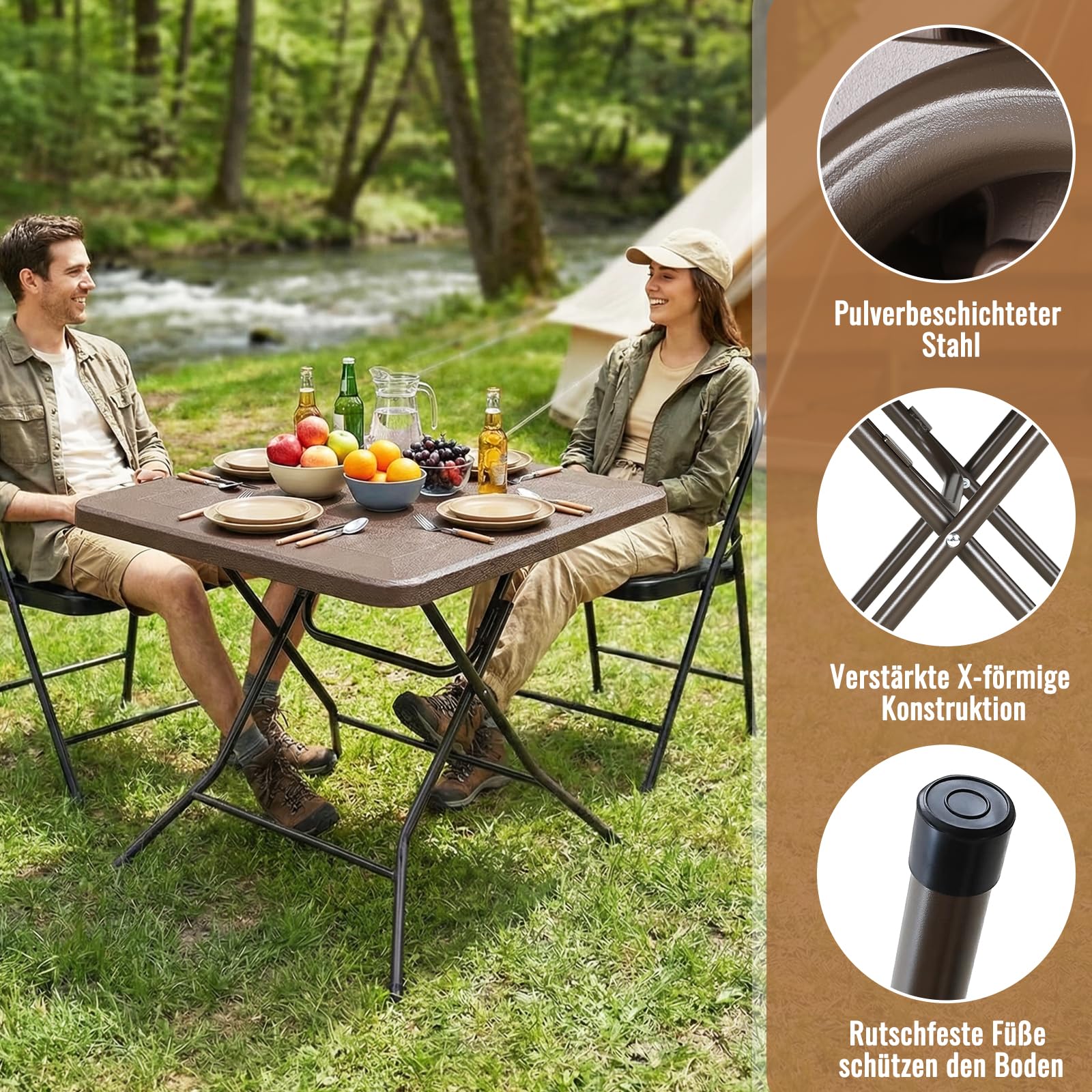 Clevich Mesa de jardín 80 x 80 x 74 cm, Mesa Plegable Portátil, Estructura de Acero y Espesar HDPE, Mesa de Camping, Resistente a la Intemperie, fácil de Limpiar para jardín, Terraza (Marrón)