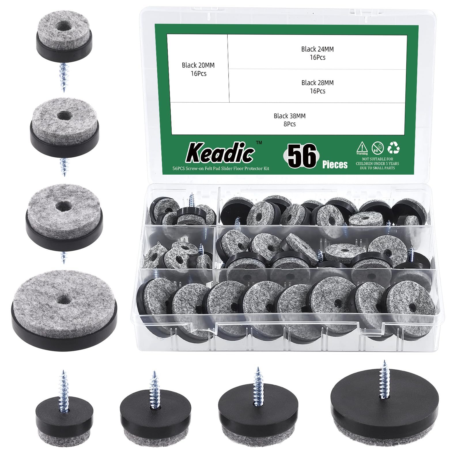 Keadic 20Pcs Screw-on Furniture Felt Pads Bulk Set