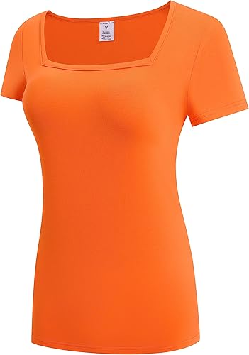 Miniatura 2 de OThread & Co. Camiseta de manga corta para mujer, cómoda, cuello cuadrado, capa elástica básica