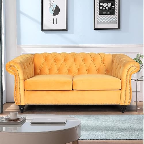 Miniatura 77 de Sofá Chesterfield de terciopelo, sofá tapizado clásico capitoné, moderno de 3 plazas, muebles largos con respaldo copetudo para sala de estar y