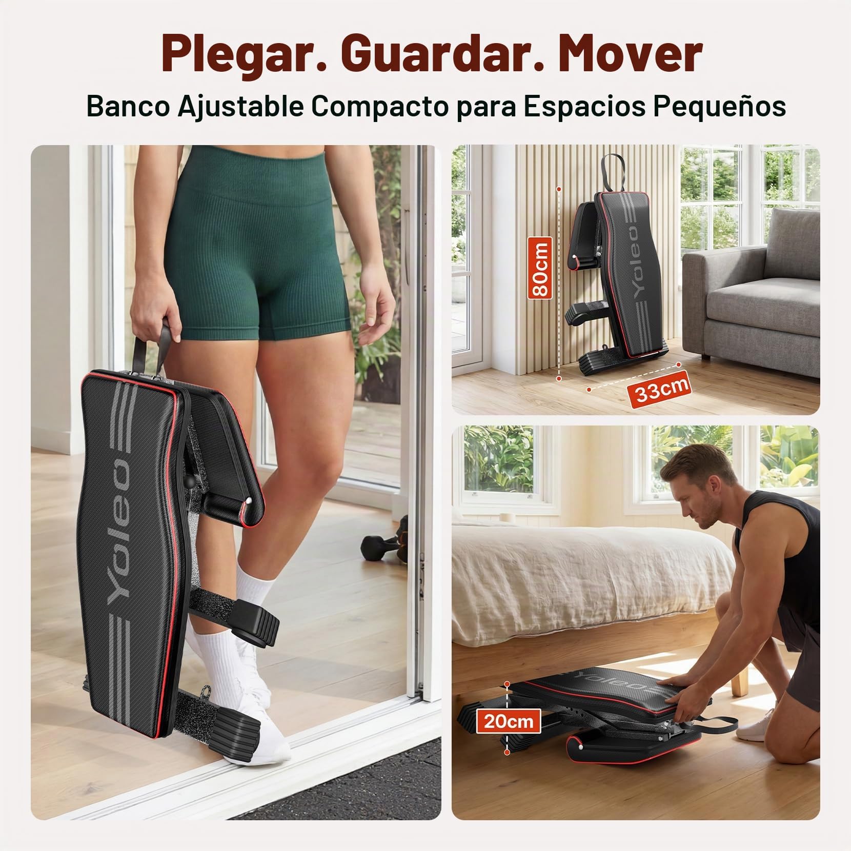 YOLEO Banco de Pesas Ajustable Plegable, Banco de Musculación Plano, Inclinado y Declinado, Banco de Ejercicios para Entrenamiento de Cuerpo Completo, Fitness para Casa