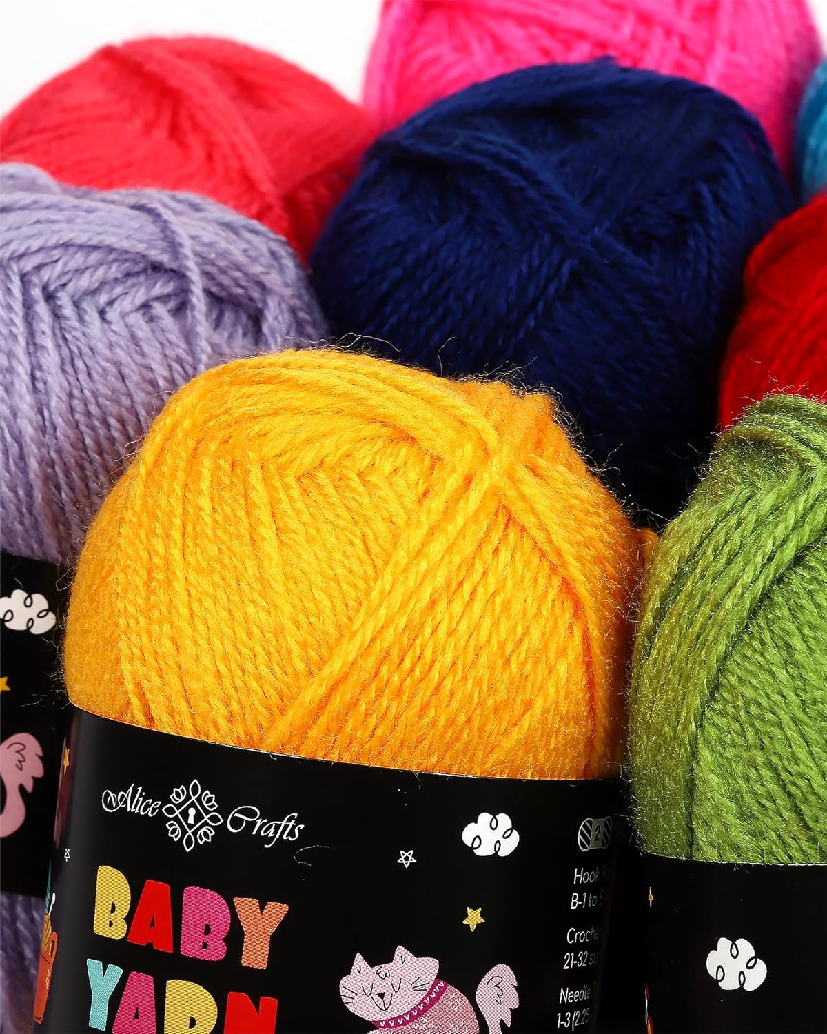 Acrylic Baby Yarn – Set of 10 Skeins (2 Fine, 1.75 oz / 164 yd Each) for Knitting & Crochet by Alice Crafts