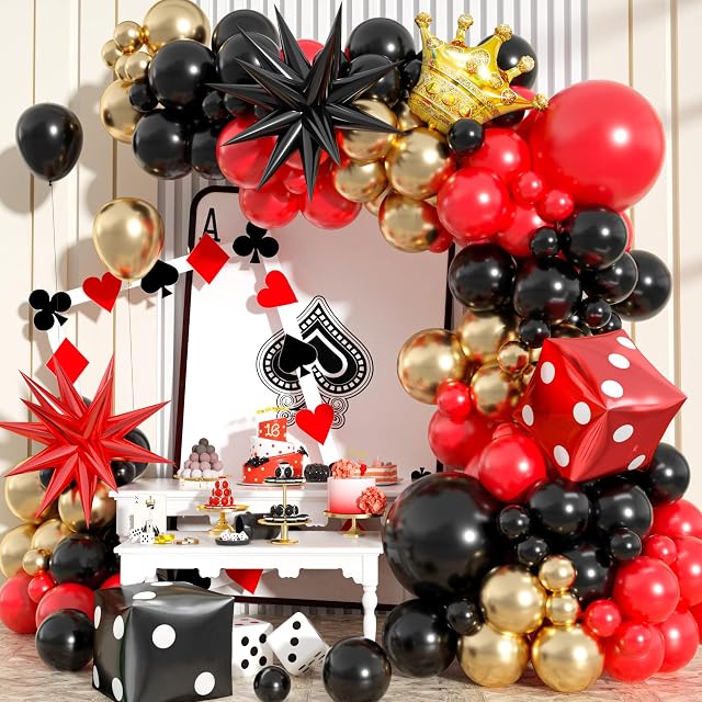 Casino Theme Balloon Arch Garland Kit, 104 Pieces Red Black and Gold Metallic Latex Balloon Garland Kit with Dice Crown Starburst for Women Men Casino Night Las Vegas Theme Birthday Party Decorations