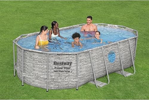 Miniatura 3 de Bestway 56715E Power Steel Swim Vista de 14 x 8 pies 2 pulgadas x 395 pulgadas juego de piscina ovalada sobre el suelo con bomba de filtro de 530