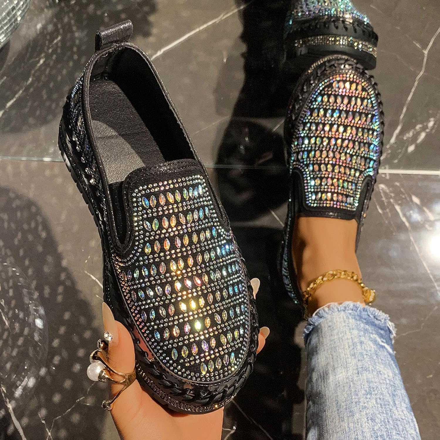 Women Soft Sole Moccasin Loafer with Rhinestone Embellished High Elastic Glitter Penny Shoe Plain Trendy Spring Flat - Image 7