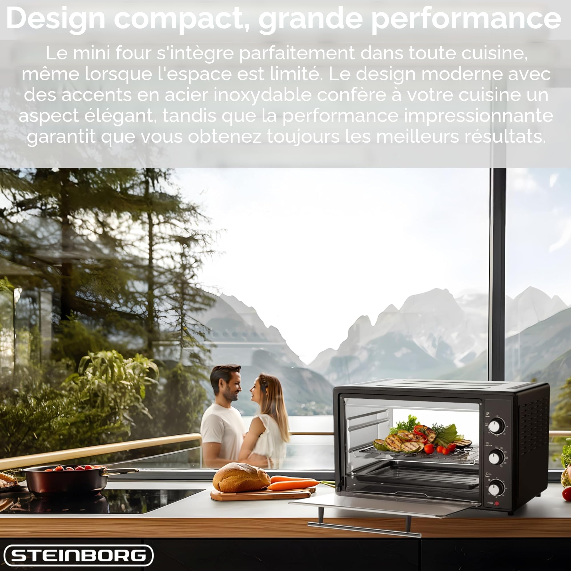 Mini four 45 l avec chaleur tournante | Tournebroche électrique | 1800 W | Four à chaleur tournante | Four à pizza | Éclairage intérieur | Avec plaque de cuisson et grille de cuisson | Mini four |
