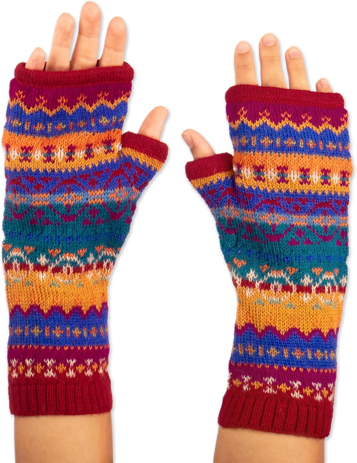 NOVICA Artisan Handmade 100% Alpaca Fingerless Mitts Knit from Multicolored Wool Accessories Gloves Patterned Peru ' Sierra Rainbow'