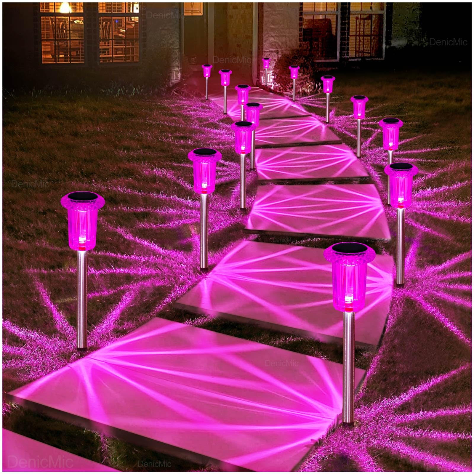 DenicMic Solar Outdoor Lights 10 Pack Pink LED Valentines/Mothers Day Decor | Garden Decor for Outside Yard Patio Flowerbed Pathway Starburst Pattern, Acrylic Diamond-like Lampshade Stainless Steel Pole Pink 10Pack