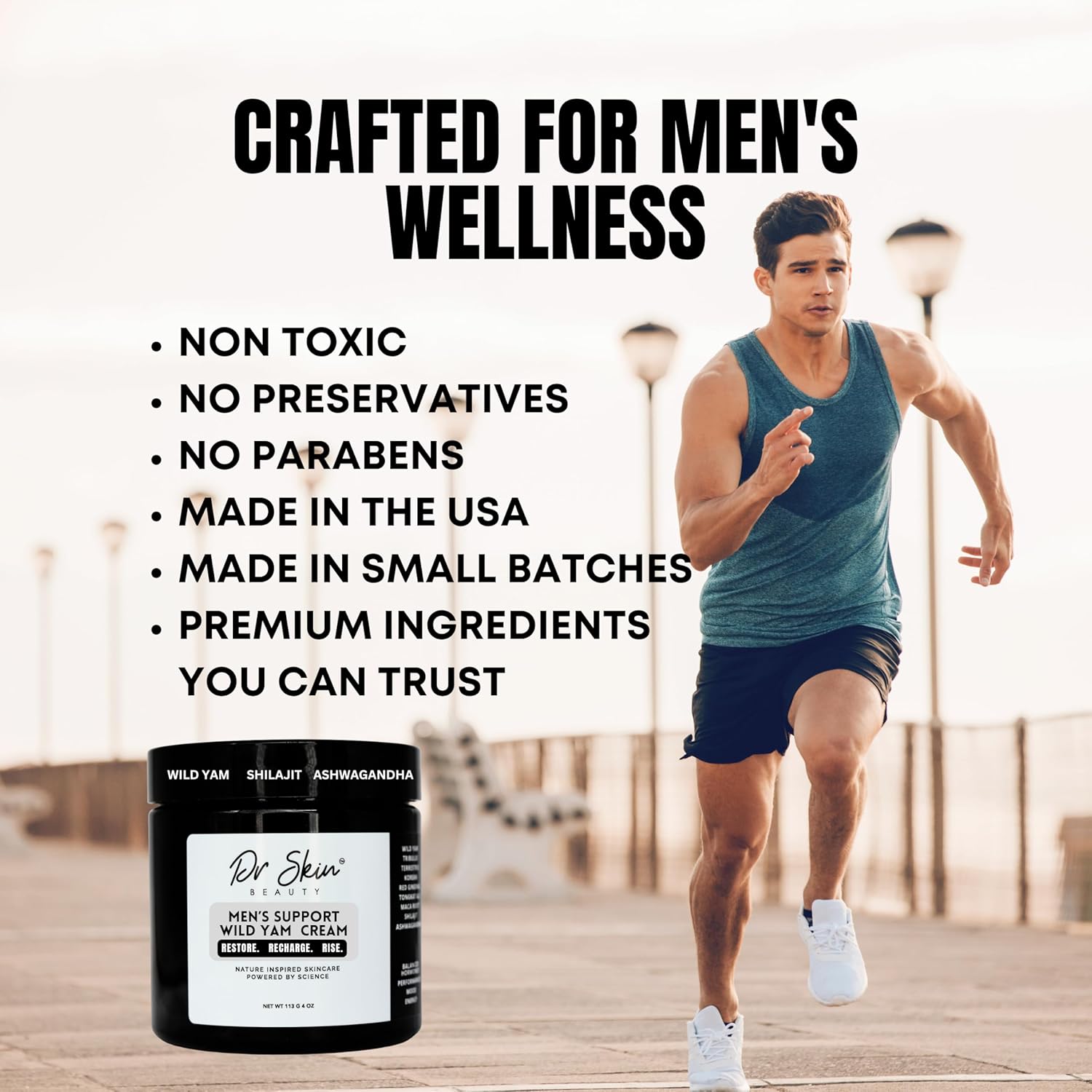 Dr. Skin Men's Organic Wild Yam Cream for Hormone Balance - Natural T-Booster with Korean Ginseng & Tongkat Ali - Added Ashwagandha to Boost Energy, Stamina, Endurance & Strength - 4oz, Made in USA