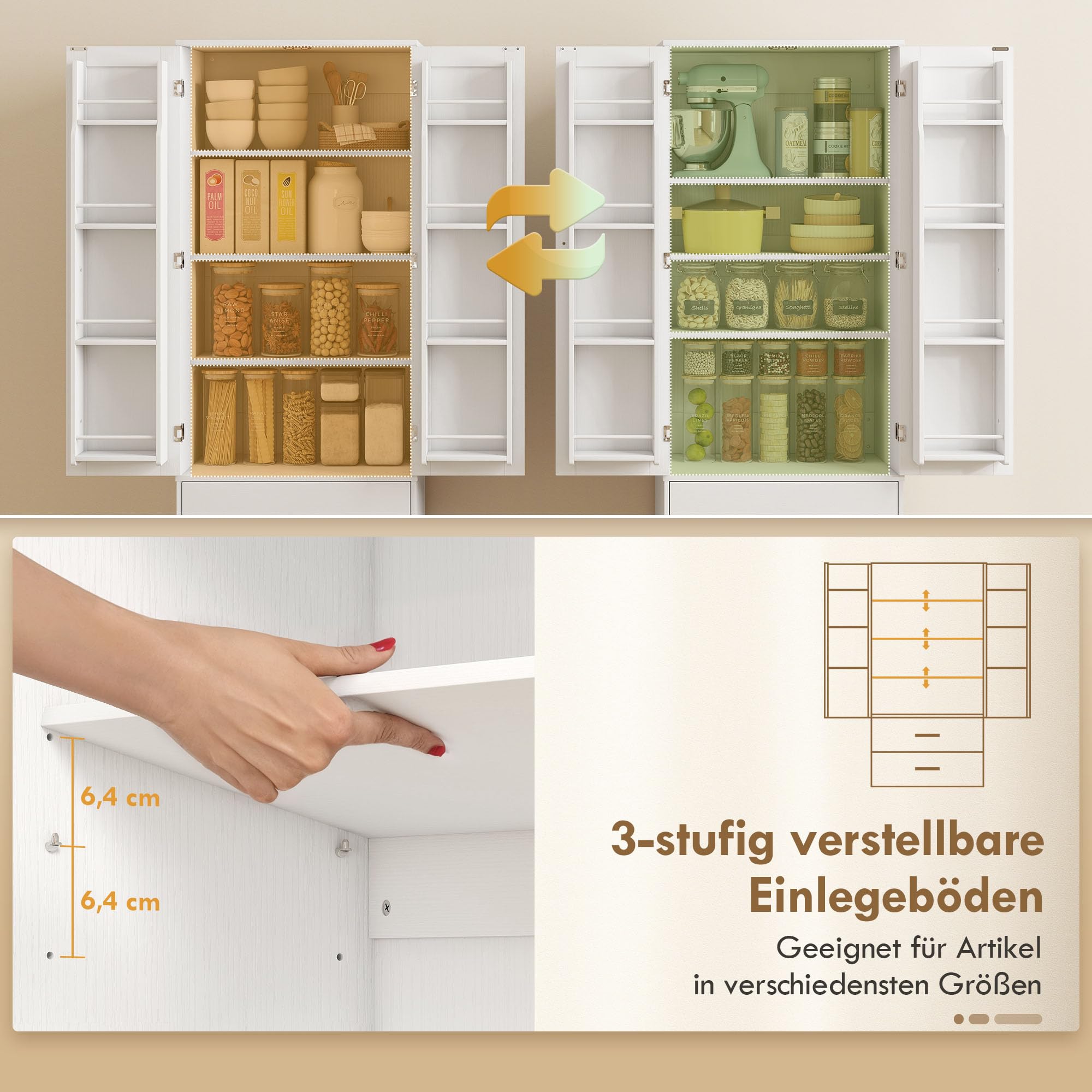 HOMCOM Küchenschrank Buffetschrank mit 2 Türen, 8 Türregalen, 2 Schubladen Hochschrank mit Verstellbaren Einlegeböden, Moderner Vorratsschrank für Wohnzimmer Weiß, 60 x 40 x 159 cm