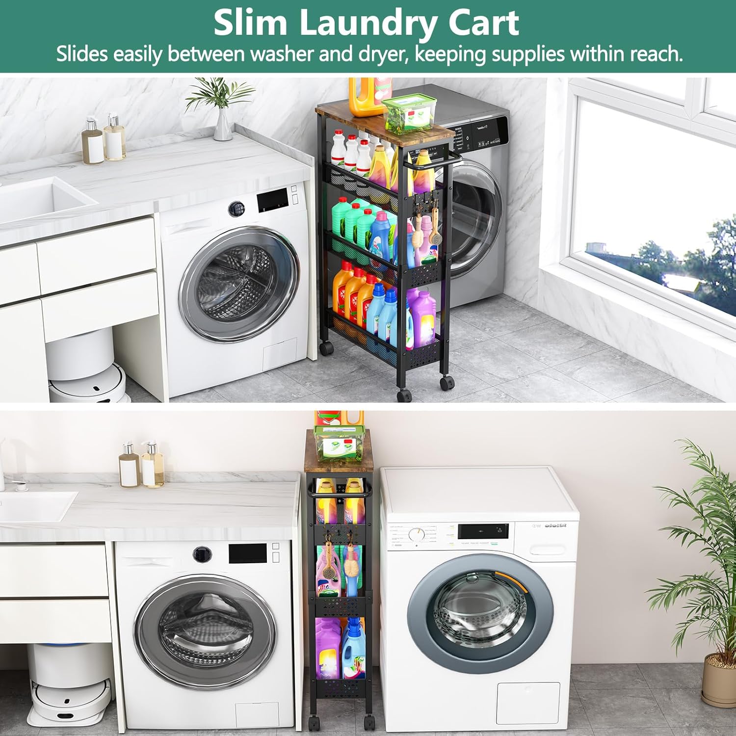 Utility Slim Storage Cart with Wheels, 4 Tier Small Rolling Cart with Wood Top, Metal Kitchen Bathroom Laundry Room Organization Trolley with Handle for Narrow Space – Black - Image 2