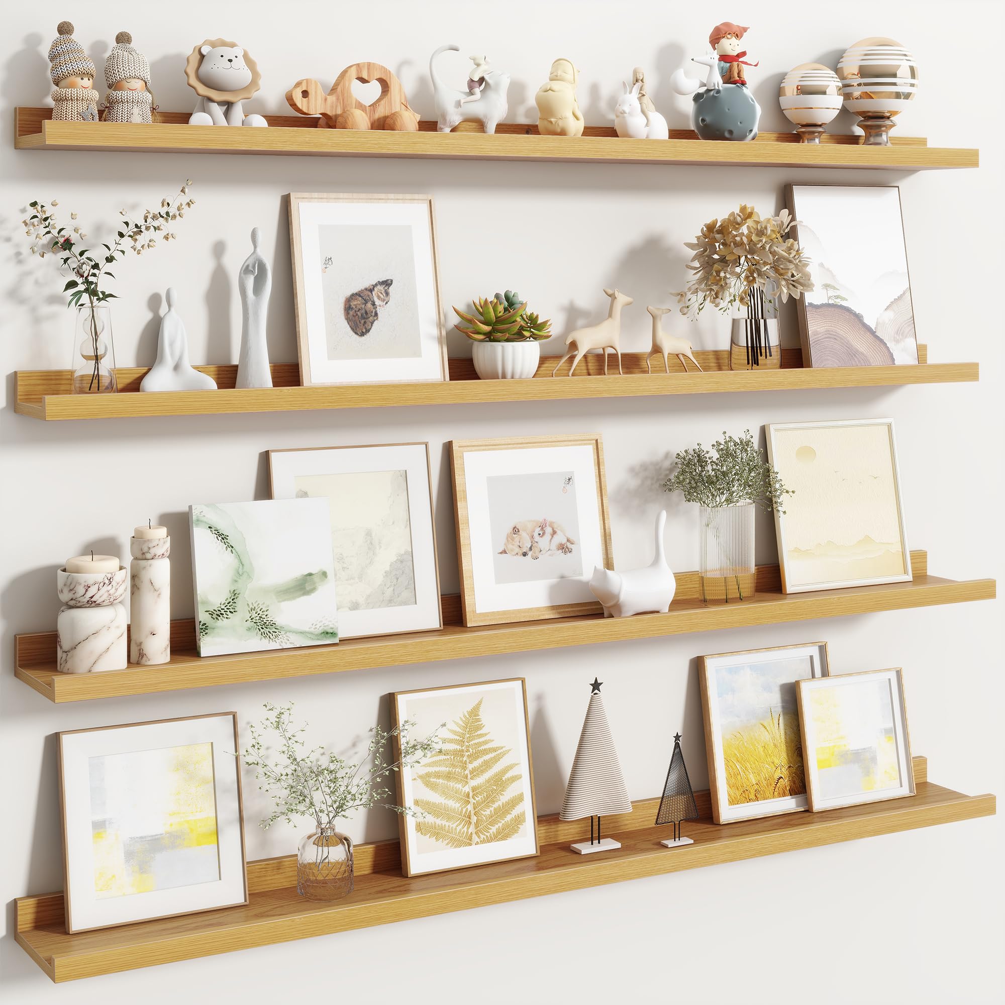 Fun Memories Picture Ledge Shelf, Floating Shelves Set of 4, 48 Inch Picture Shelves for Wall with Ledge, Large Nursery Book Shelf for Toys Storage, Living Room, Bedroom Decor Frames, Oak