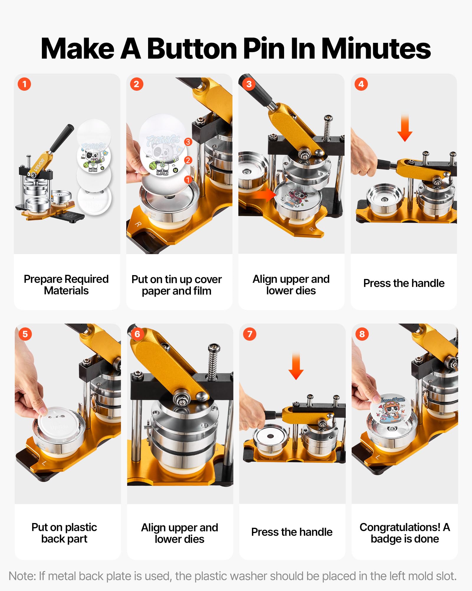 VEVOR Kit per Fustellatrice Manuale di Badge Spillo Bottoni Diametro 75mm, Kit di Punzonatrice Manuale in Acciaio Alluminio per Badge Spillo Fai-da-te con Accessori Completi Modelli da Diametro 75mm