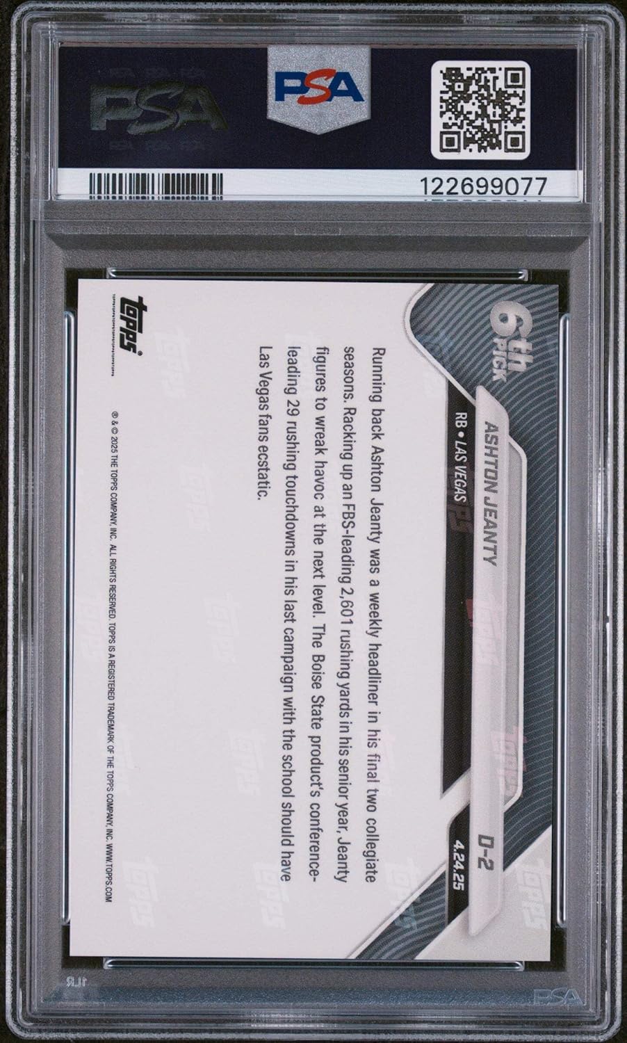 Graded 2025 Topps Now Ashton Jeanty #D2 Record Setting RB Selected 6th Overall Rookie RC Football Card PSA 10 Gem Mint