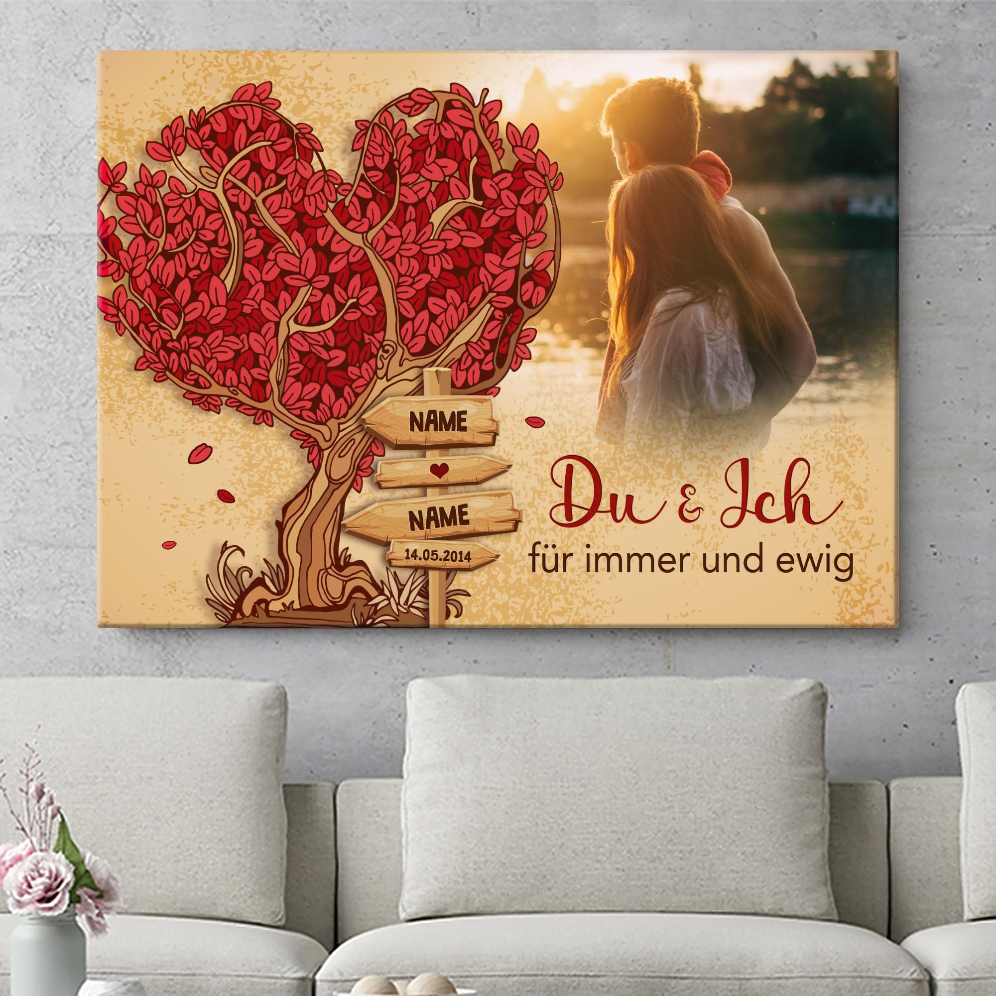 Liebesleinwand Das sind wir Fotoleinwand: Wegweiser der Liebe | Leinwandbildmit Foto, Namen und Datum | Wandbild gestalten | Jahrestag Geschenk für Frau Freundin Mann Freund