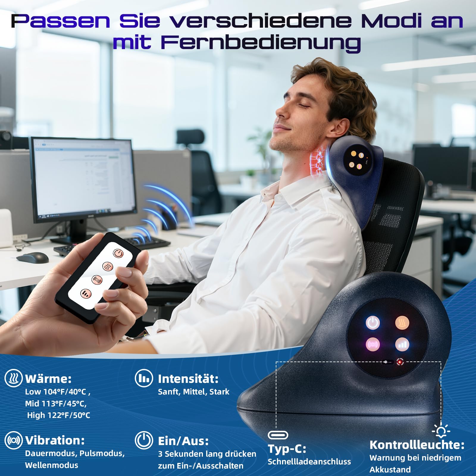 Nackenmassagegerät mit Wärme 3 Temperaturen (41-45°C), 3 Vibrationsmodi kabellos U-Form ergonomisch lindert Nacken Schulter & Rückenschmerzen Massagekissen, Geschenk für Damen Herren Eltern