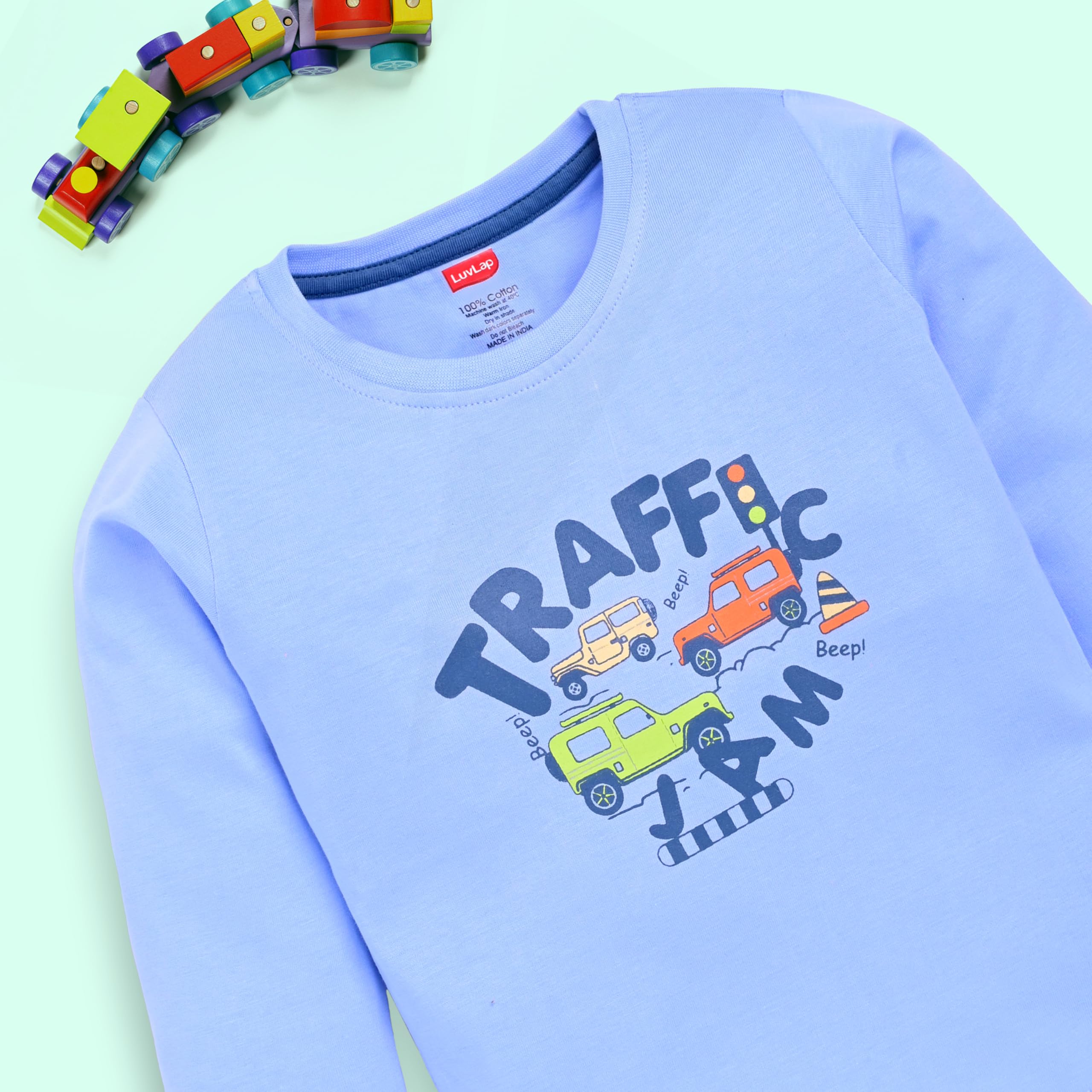 LuvLap Baby Boys 100% Cotton Full Sleeve Boys T-Shirt & Pyjama Sets, Pack Of 03 Powder Blue, White, Saffron 3 to 6 months - Image 6 thumbnail