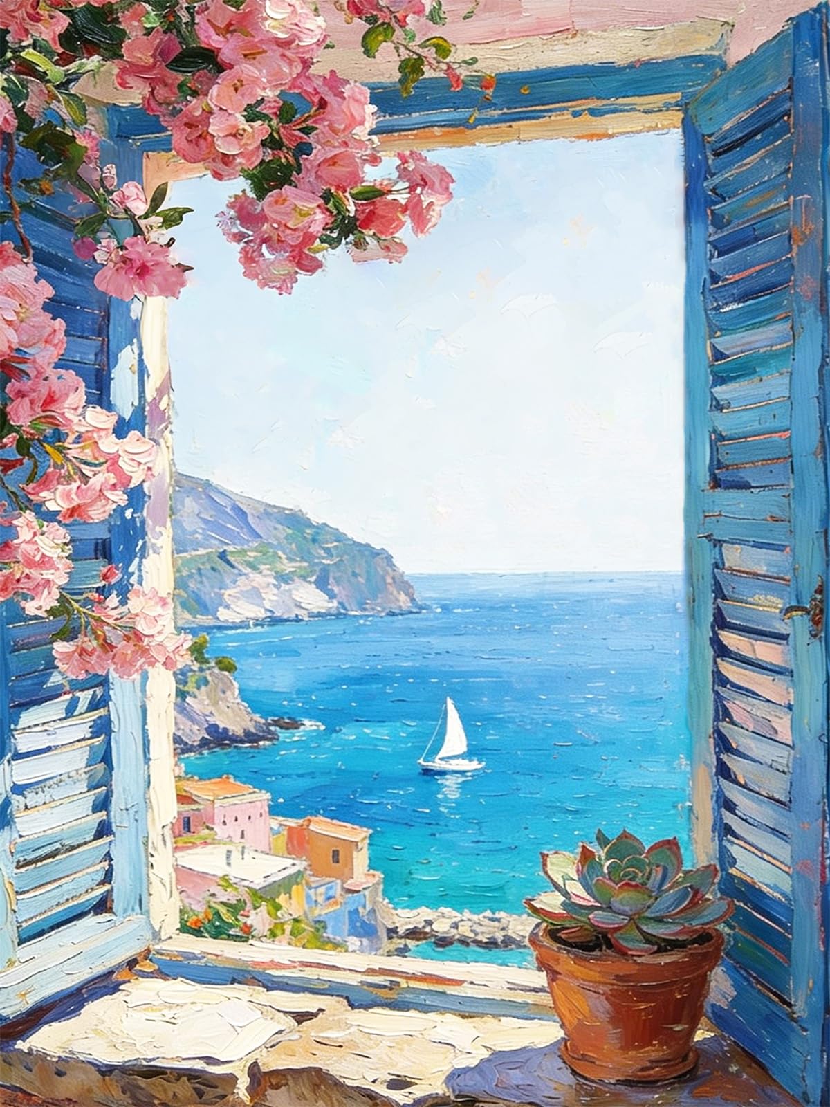 Paint by Numbers Kit for Adults, Coastal Landscape Canvas Adult Painting by Number for Relaxing Beginner DIY Mediterranean Seaside Window Art and Craft Gifts Set for Home Wall Decor, 40x50cm
