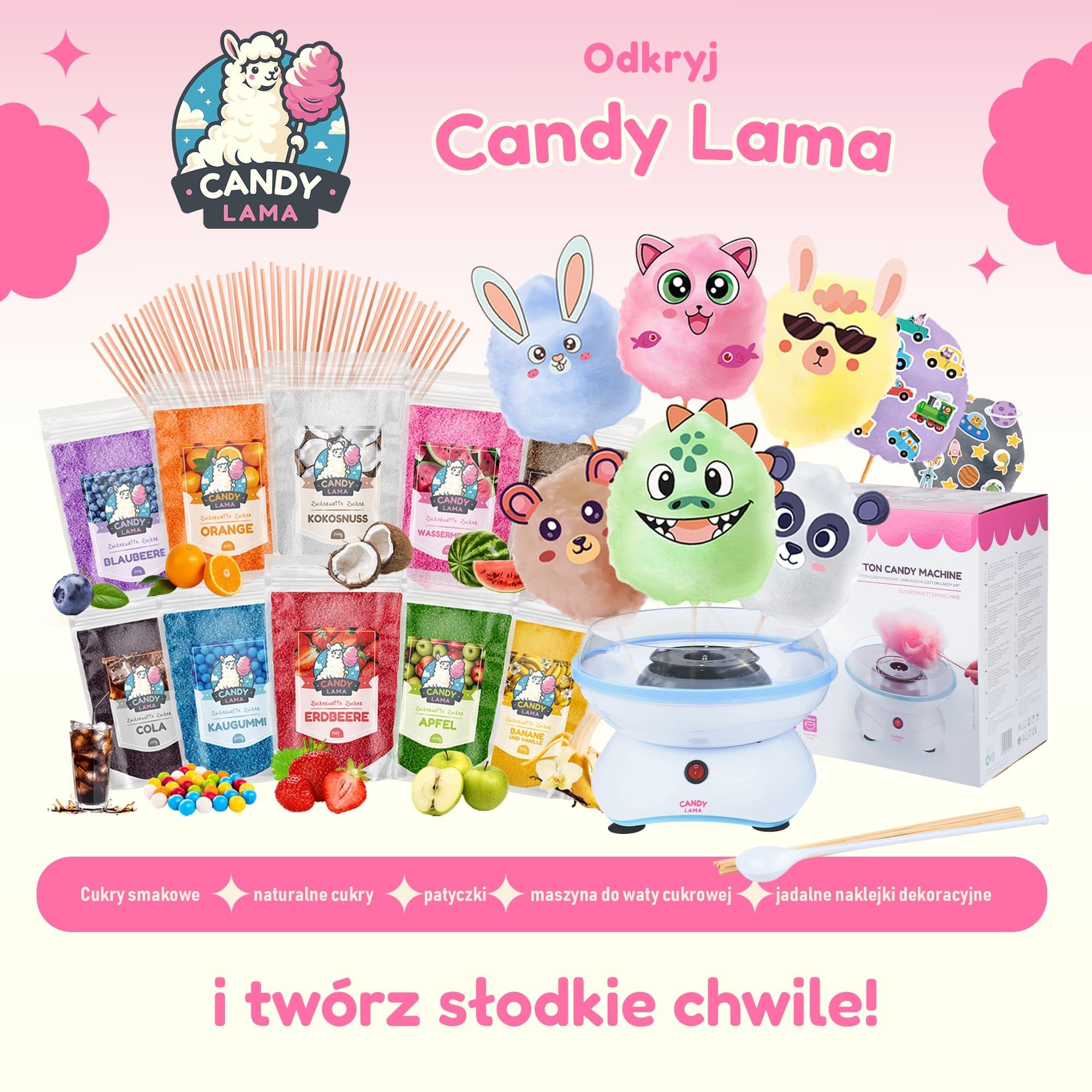 CANDY LAMA Zestaw cukrów do waty cukrowej, zestaw imprezowy 5 x 160g: Truskawka, Malina, Jabłko, Banan i Arbuz, w zestawie 20 patyczków do waty cukrowej, do maszynki