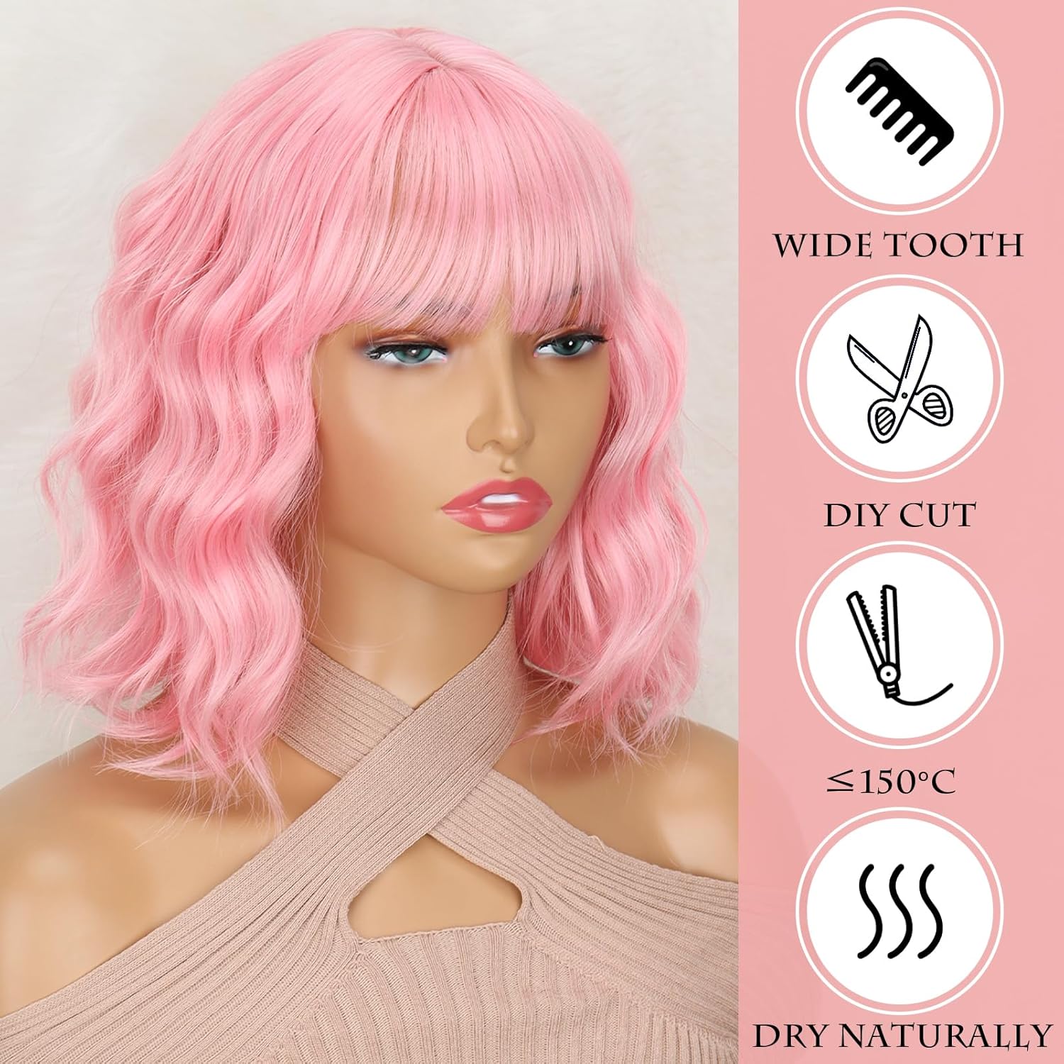 Short Pink Wigs with Bangs Short Light Pink Wig for Women Synthetic Wavy Shoulder Length Cosplay Wig for Women Girls Colored Wigs - Image 2