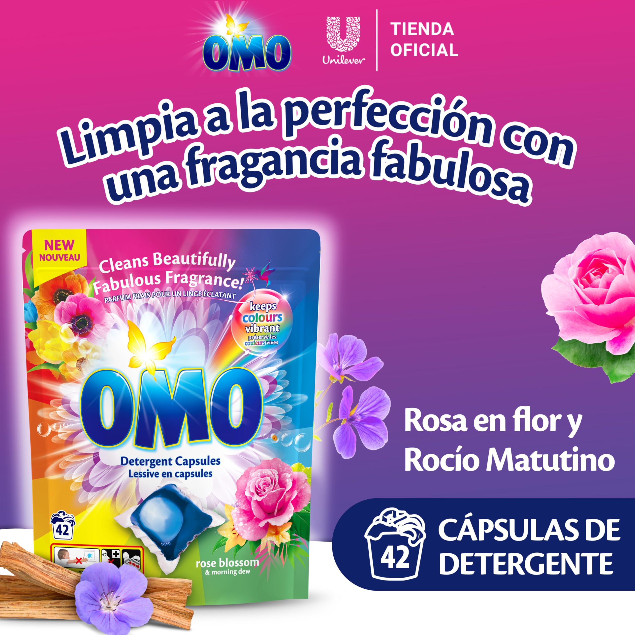 OMO Cápsulas Detergente Rosa Blossom | Pack Grande | 168 Cápsulas