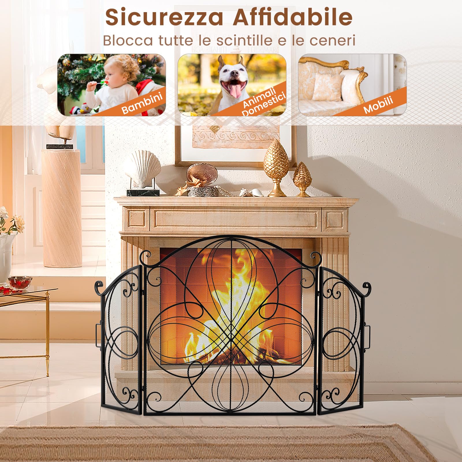 COSTWAY Parascintille per Camino 151 x 83 cm, Paraschizzi Pieghevole a 3 Ante con Motivo Floreale, Barriera Decorativa in Rete Metallica per Camino da Soggiorno