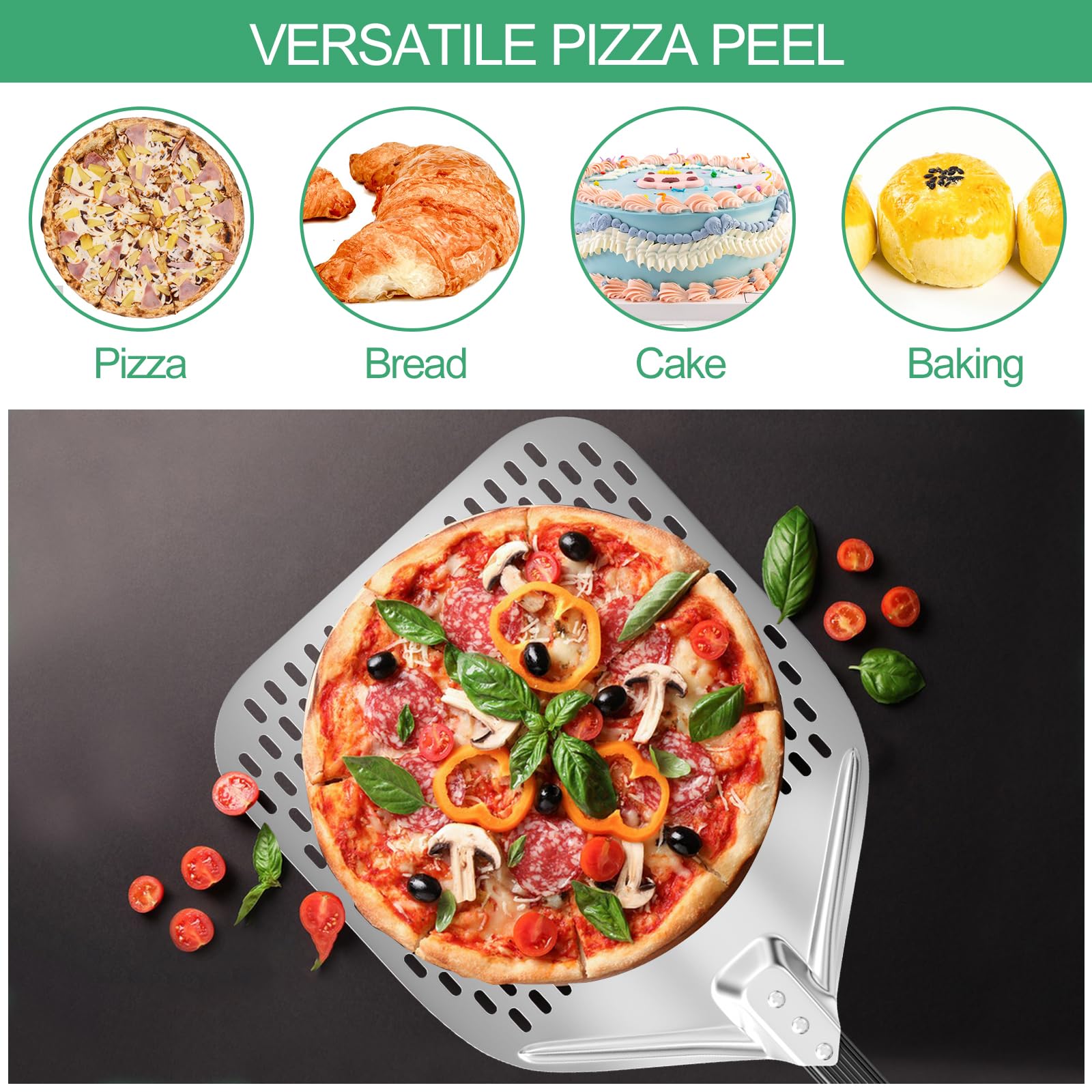 Maxentico Pala per Pizza, Paletta per Pizza, Pala Pizze Forata in Alluminio Anodizzato Duro, con Manico Lungo Rimovibile 40cm per Sollevare Pizze e Prodotti da Forno per Il Forno - Rettangolare