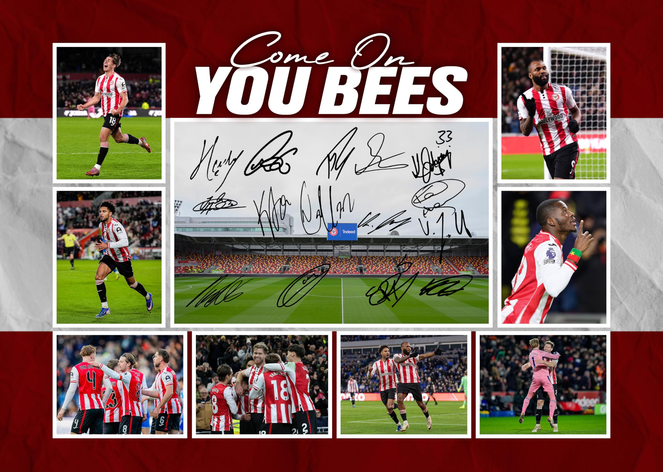 RJR PRINTS Brentford ' Come On You Bees ' Team Football Players Multi Signed A4 Montage Photo Print Which Would Make A Great Gift For Any Fan.
