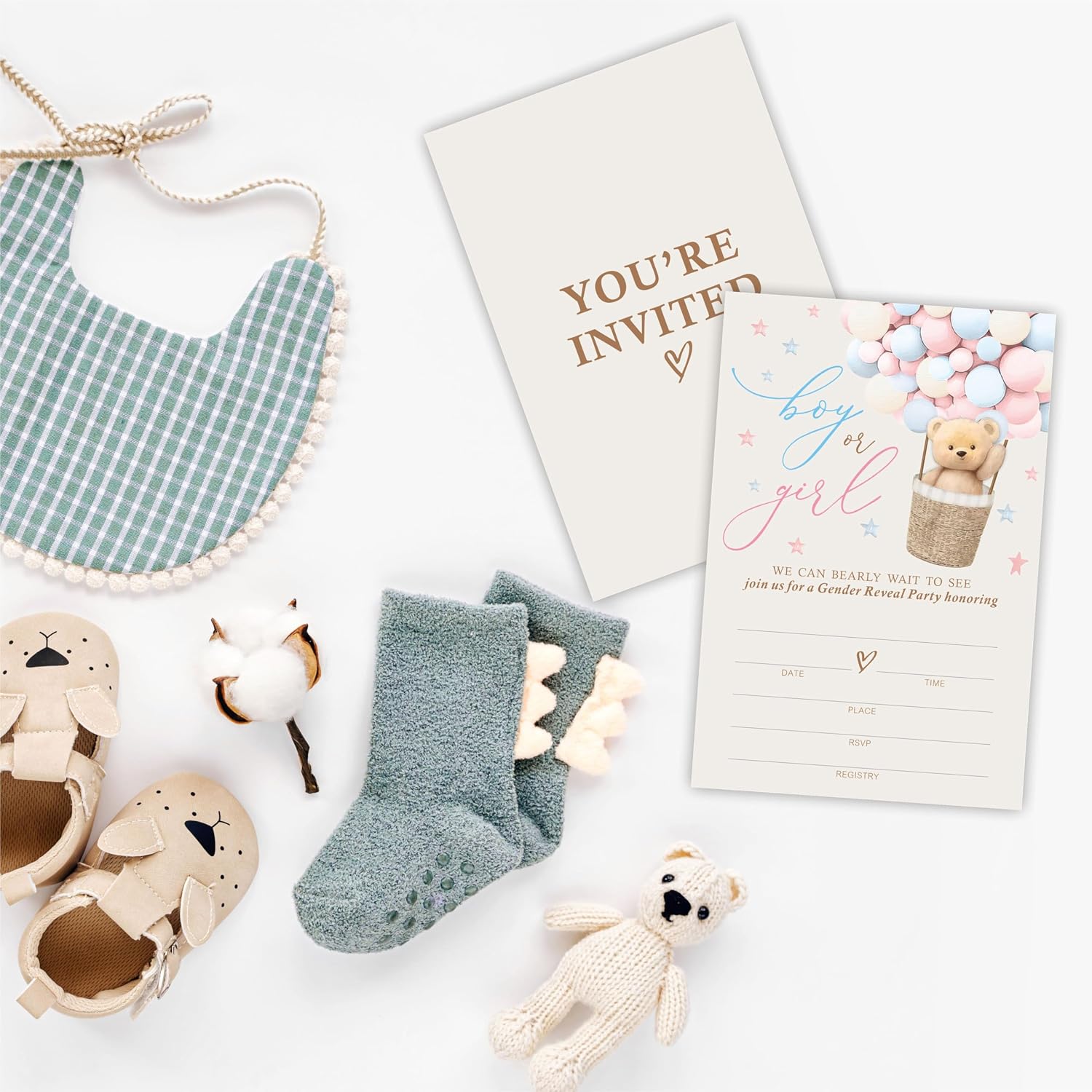 Boy Or Girl Baby Shower Invitation, 25 Bear & Balloons Invite Cards With Envelopes, Gender Reveal, Baby Announcement Party, Double-Sided Fill In Style Invites, Party Favor And Supplies - A03