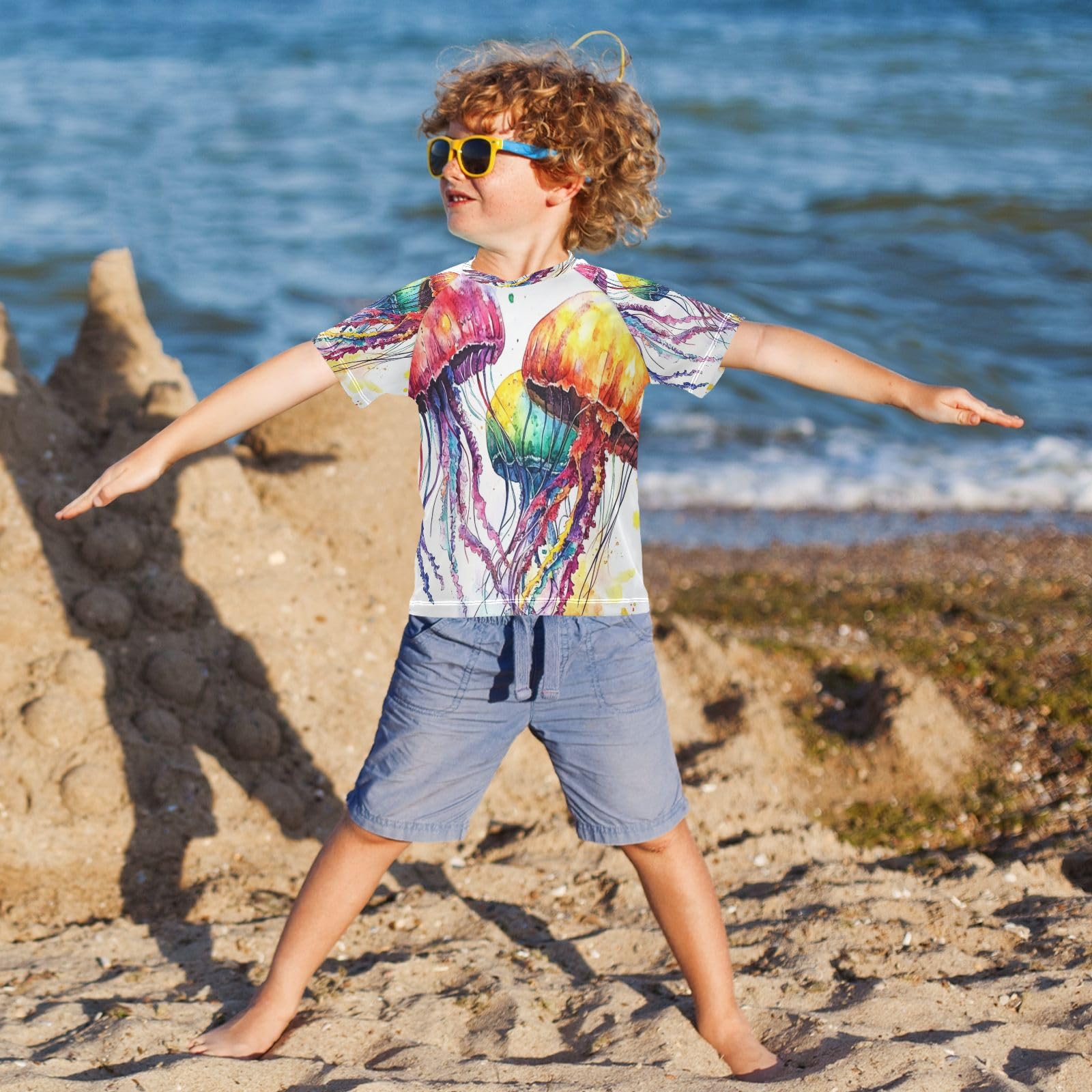 Boys Sun Shirts UV Protection Short Sleeve Rash Guard Swim Shirt Cartoon Jellyfish Water Shirt Rashguard 7-8T,22